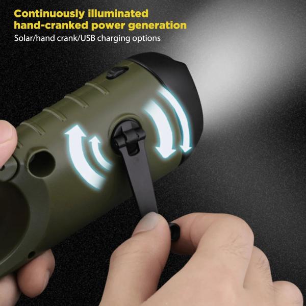 LED Solar Powered Flashlight USB Charging Hand Crank Dynamo Flashlight Survival Gear Fishing Flashlight Clip for Outdoor