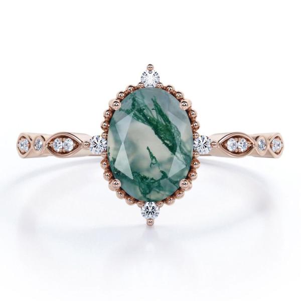 Anillo alternativo verde natural oval de Moss Agate Artsy - anillo de bodas hecho a mano