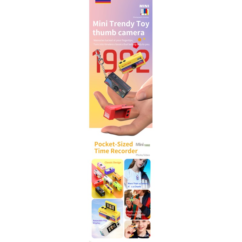 Portable 720P Retro Mini Trendy Toy Thumb Digital Camera with 0.96-Inch Flip Screen and 200mAh Battery Wearable Classic Camera