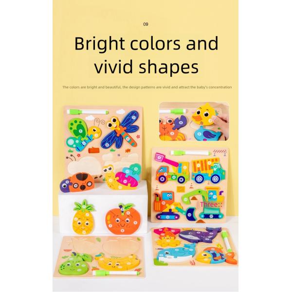 Montessori 4-in-1 Children's Wooden 3d Puzzle Early Education Cartoon Jigsaw With Drawing Board Certified En71 Games for Boys