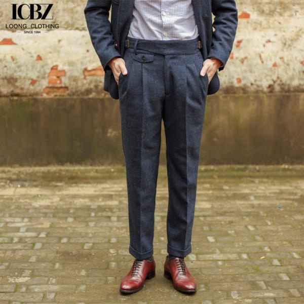 British Herringbone Vintage Woolen Casual Trousers Straight Hemmed Classic Men's Suit Trousers