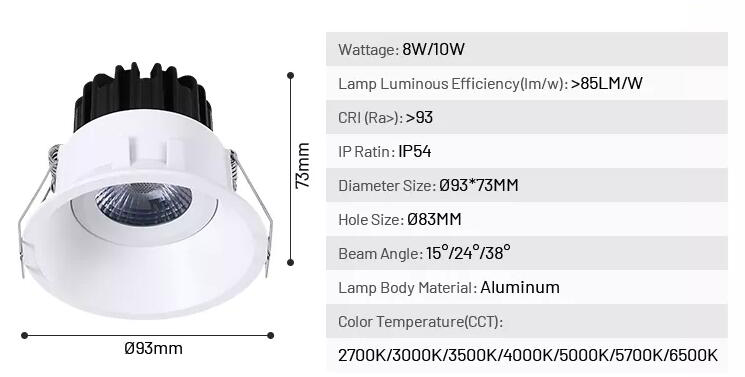 8W IP54 Anti Glare CRI93 LED Spot Down Light Beam Angle 15°/24°/38° 2700K-6500K Потолок установленный вниз свет с CE RoHS