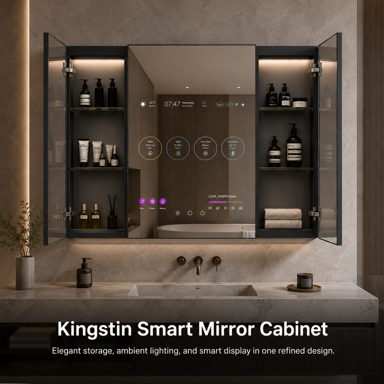 Kingstin Smart Backlit Stainless Steel LED TV Mirror Cabinet for Luxury Bathroom, 100% Custom Size Layout,