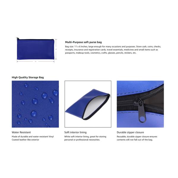 Blue Bank Security Deposit Zipper Bag, Water Resistant Vinyl Coated Leather-like Exterior with Soft Interior Lining. For Cash, Check, Coin and Money Storage and more. 11x6 inch