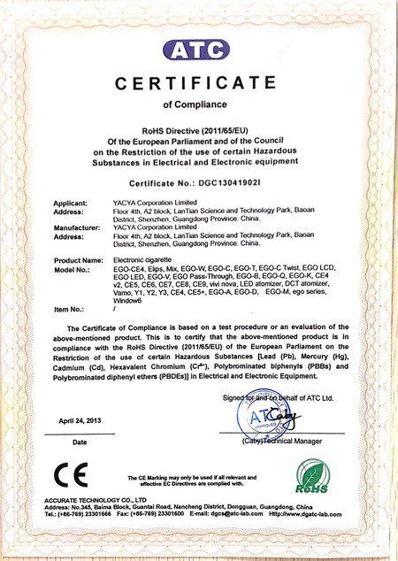 Shenzhen YACYA Technology CO.,LTD Сертификации