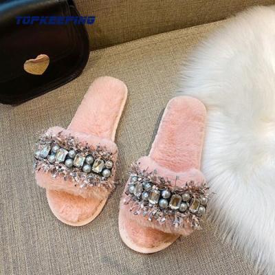 Diamond Jewelry decorative Outdoor Fur Slippers For Women
