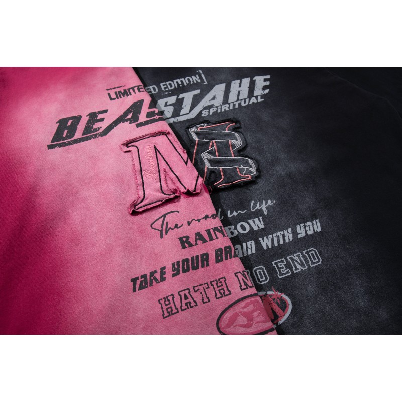Retro Gradient Red Knitted 100% Cotton Breathable T-shirt for Men with Letter Pattern Short Sleeve Oversized Fit Washed and Worn