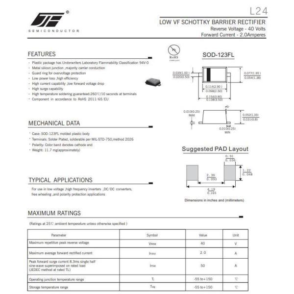 Alloy Structure L24 2A 40V Low Forward Schottky Diode with SOD-123 Package at Affordable