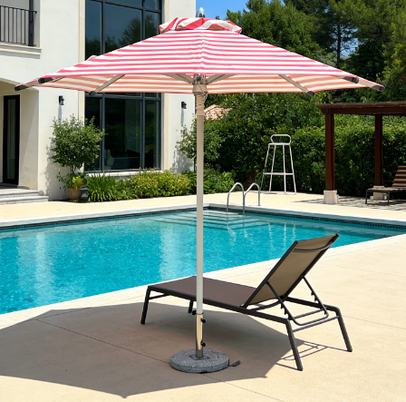 8FT Pulley Lift Garden Umbrella Pink White Stripe Aluminum Pole for Resort Patio Commercial Outdoor Use