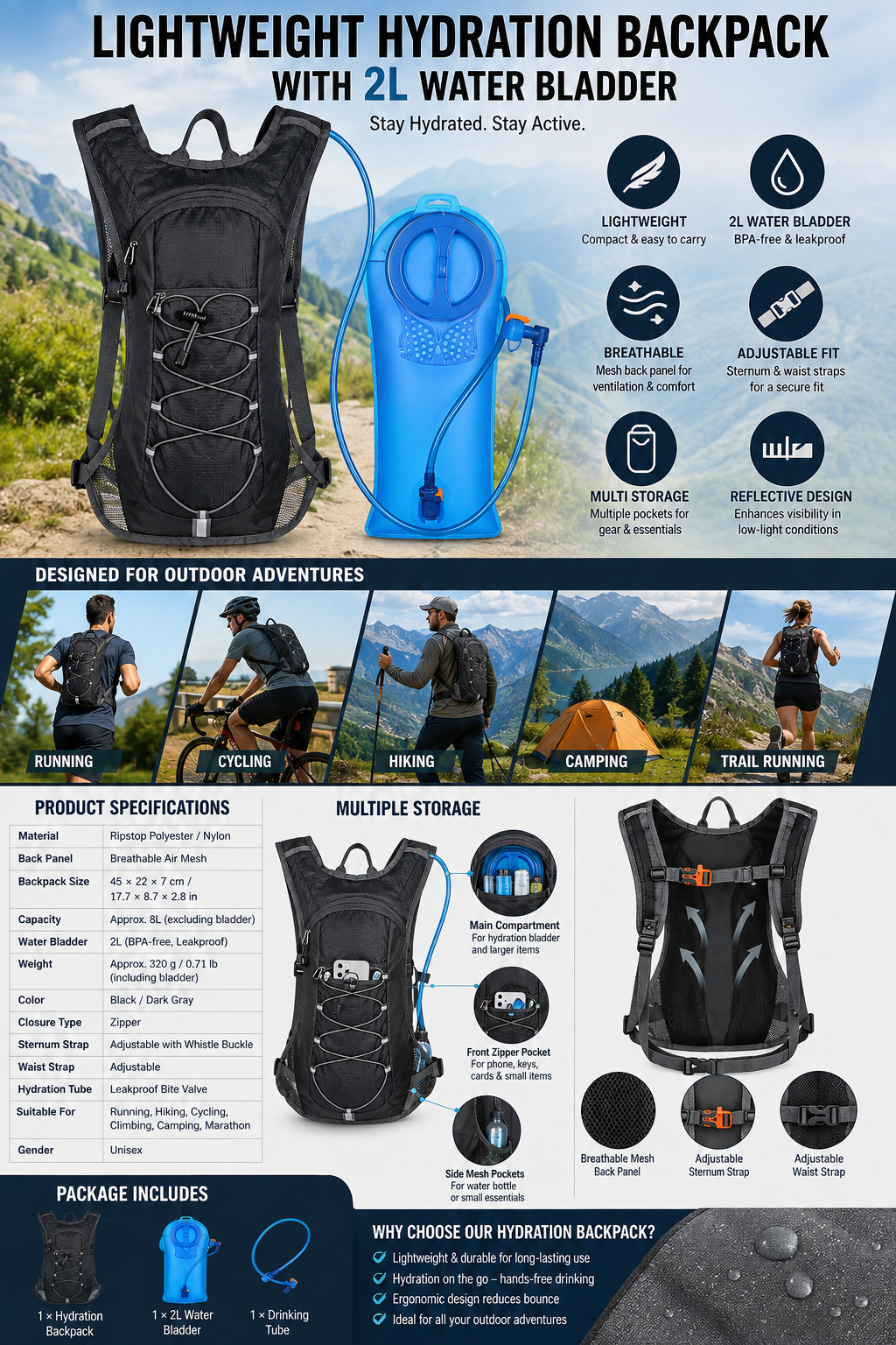 Hydration Backpack with 2L Water Bladder, Lightweight Hydration Pack for Hiking, Cycling, Running & Outdoor Adventures