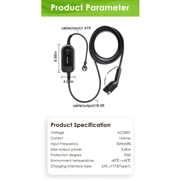 EVCOME Portable Electric Car Charger (220V 3.5KW MAX 16A ) 5M Or Customized Cable With OEM ODM