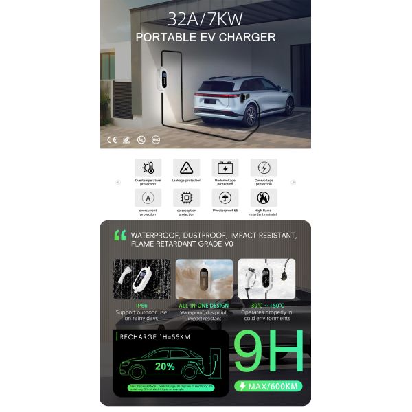 E-mingze 5m Cable Type 2 7kw/32A Fast Charging Electric Car Charger
