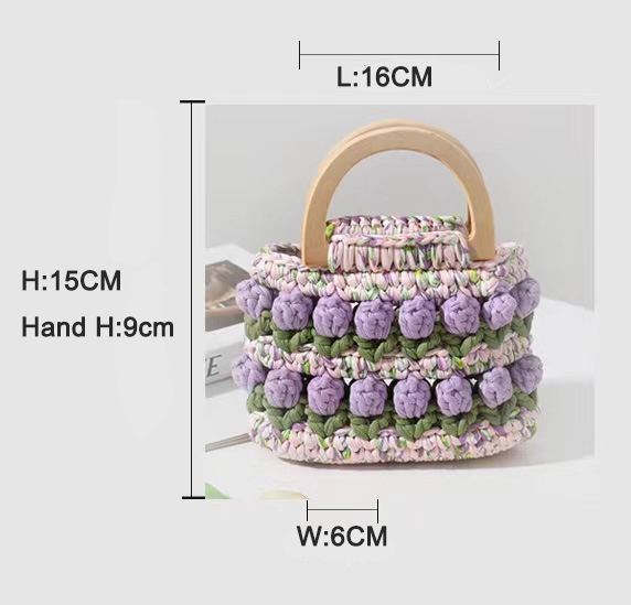 Wooden Handle Crochet Hand Bag Hand Woven Tulip Flower 16cm×15cm×6cm
