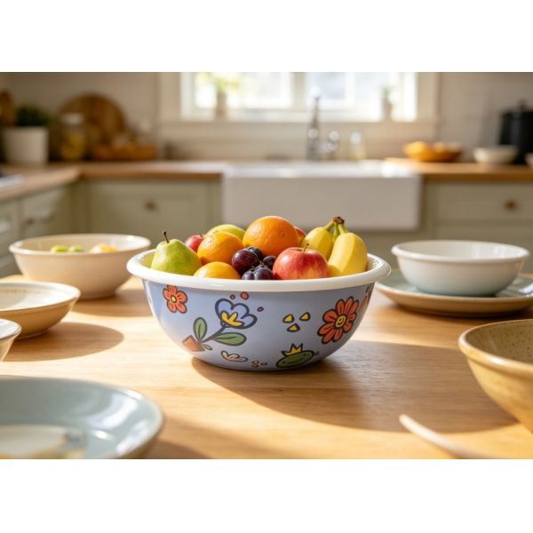 Pastel Blue Floral Frog Cartoon Printed Enamel Bowl White Rolled Rim Enamel Serving Bowl For Daily Meal Fruit Salad Storage