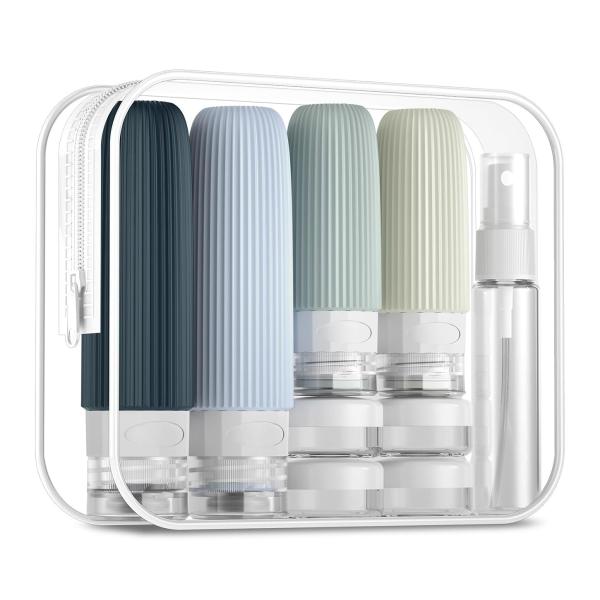 Lot de 16 flacons de toilette en silicone gris rechargeables pour voyage, approuvés par la TSA