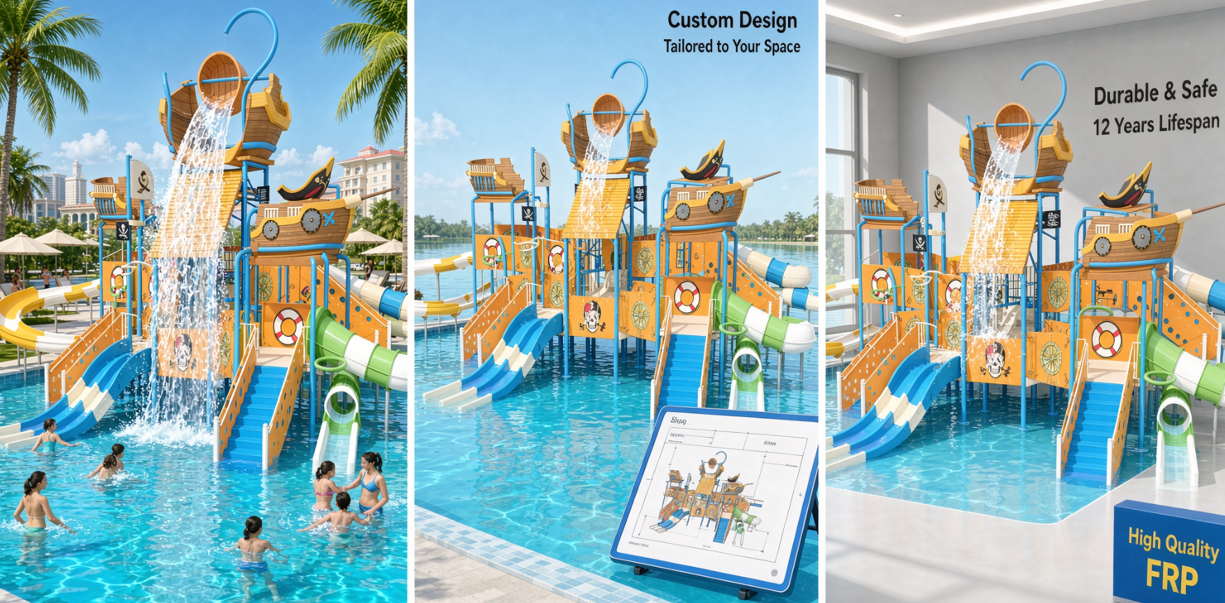 SWJ-003 Fiberglass Water Playground Pirate Theme Of The Caribbean Water House Playground Interactive Water Play Childrens Splash Theme