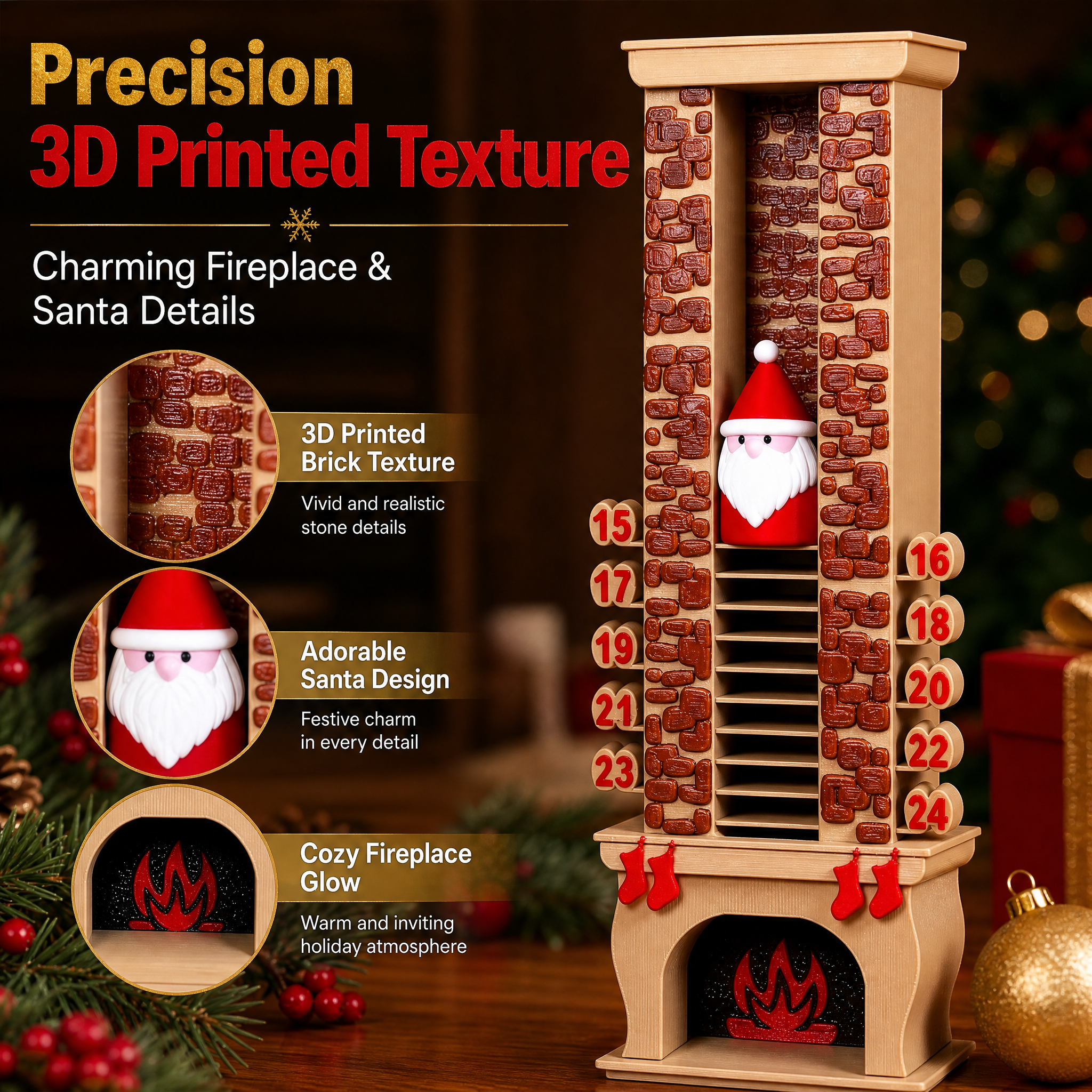 Custom 3D Printing Christmas Advent Calendar, Fireplace Design, For Family Holiday Countdown