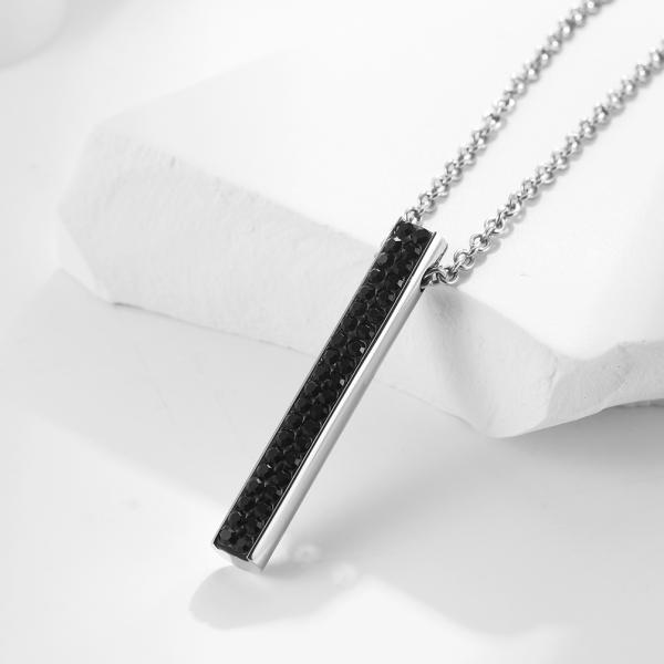 Black Stainless Steel and Carbon Fiber Bar Necklace Diamond Christian Religious Pendant