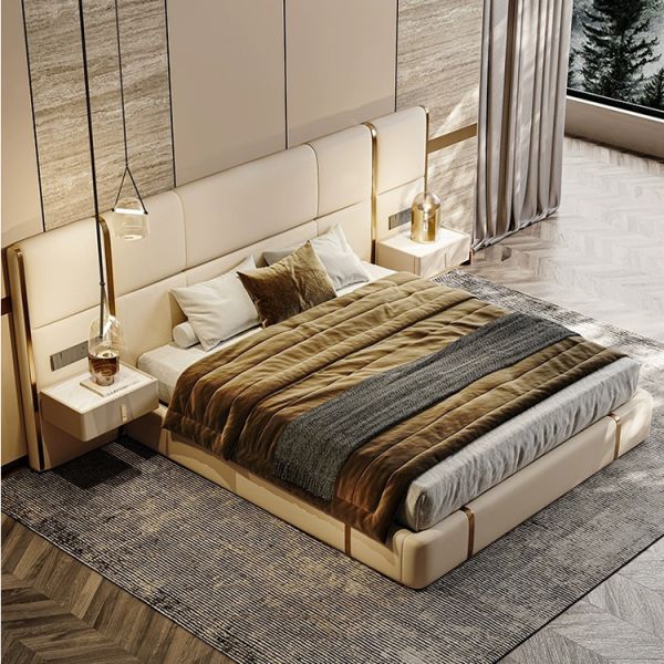 Synthetic Leather Upholstery Material King Size Luxury Bed Frame Sets Modern Villa Bedroom Furniture Plywood Panel Type