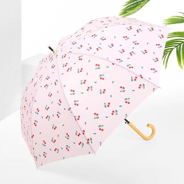 Fresh Design Leaf Cherry Wooden Handle Straight Umbrella Automatic Open Waterproof Fashion Umbrella