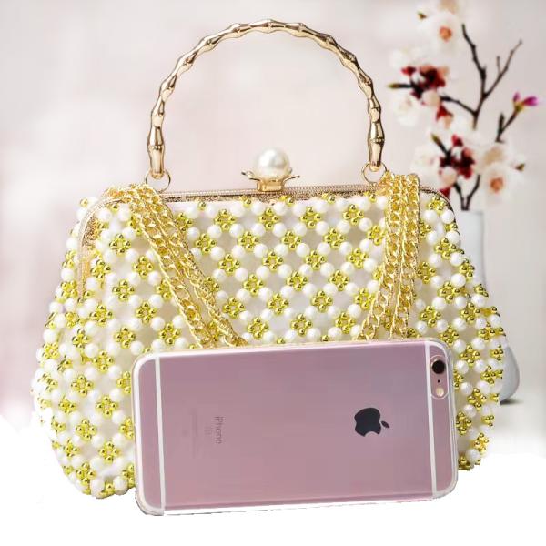 Gold Pearl Beaded Evening Bags Hand Woven with Metal Wrist OEM ODM