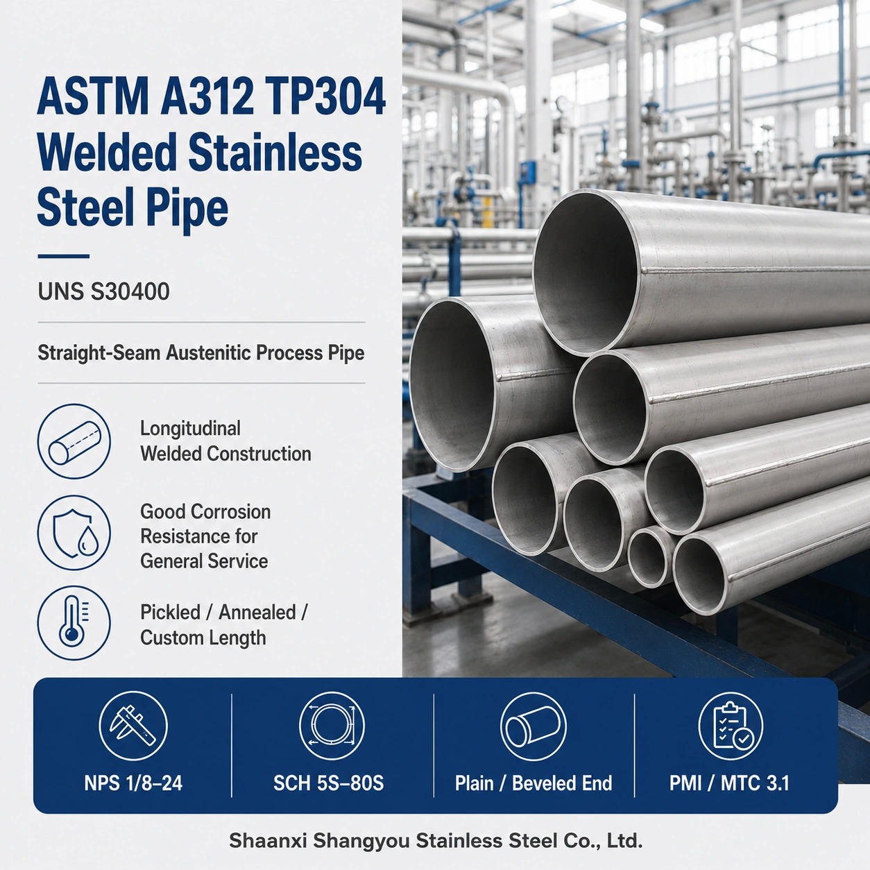 ASTM A312 TP304 Welded Stainless Steel Pipe High Temperature and General Corrosive Service Piping