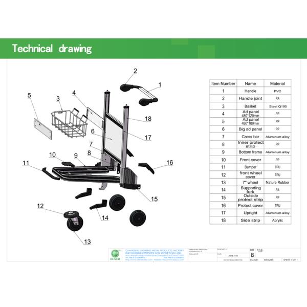 Колеса тележки 3 вагонетки аэропорта тележки для багажа алюминиевого сплава функциональные складывая с тормозом
