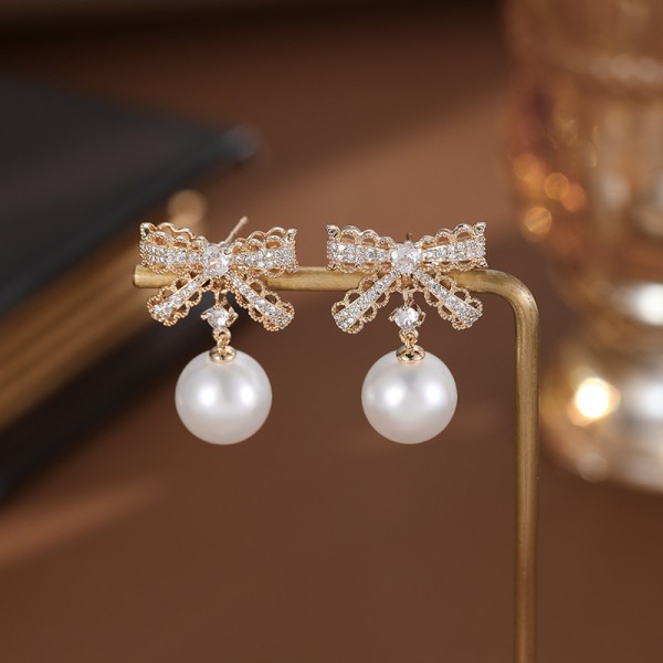 Wholesale Micro Insert Zircon Bowknot Pearl Brass 14K Real Gold Fashion Korean Silver Needle Earrings Women Jewelry