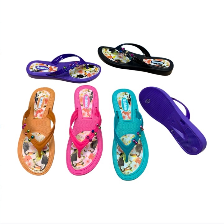 EVA Women Tropical Pattern Bead Decor Flip Flops Anti-slip Summer Beach Sandals