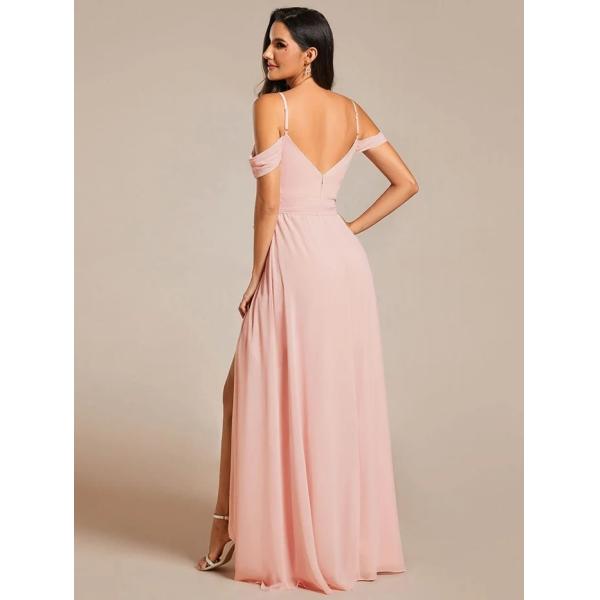 Plus Size A-line Ruffled V-neck Spaghetti Strap High Slit Burgundy Chiffon Party Dress