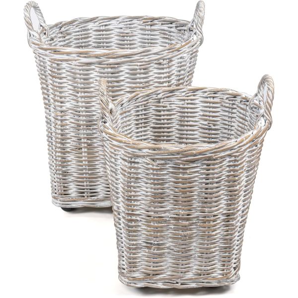 Hand-Woven Rattan Nesting Wicker Storage Baskets W/ Wheels And Handles, Seagrass Container For Decoration In Bedroom, Laundry Room,White Wash/Kubu Gray