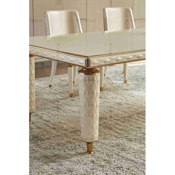 Embroidery Leather Cover Luxury Modern Dining Tables White Tempered Glass Top Stainless Steel Frame For Home