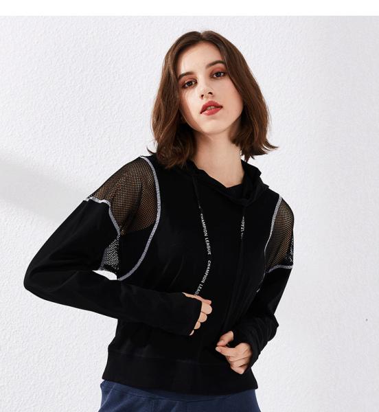 BSCI  Long Sleeve Crop Top Sweatshirt Cropped Sports Hoodie With Sexy Mesh
