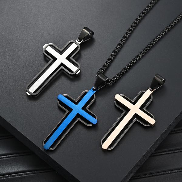 Vente à chaud Croix pendentif bleu et rose or Choker de prière métallique pour hommes Colliers en acier inoxydable Joyaux fin