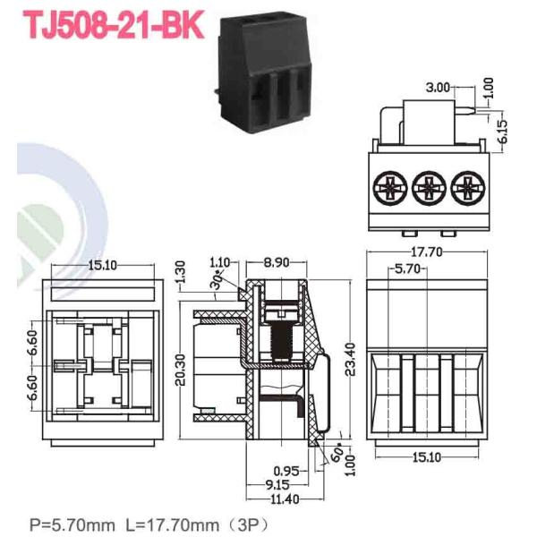 PA66 5.7mm Brass 300V 10A M3 Screw Terminal Block Connector 10 - 22 AWG