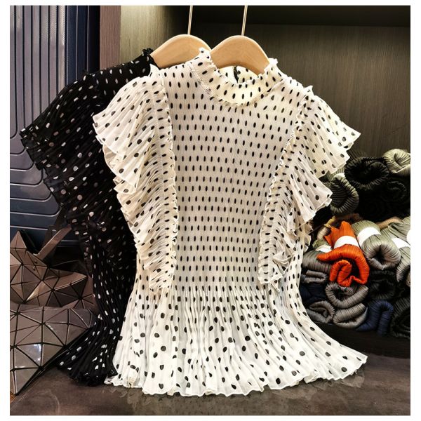 French-Style Elegant Short-Sleeve T-Shirt High-End New Summer Age-Reducing Lightweight Top Polka-Dot Print Lotus Leaf Hem Loose