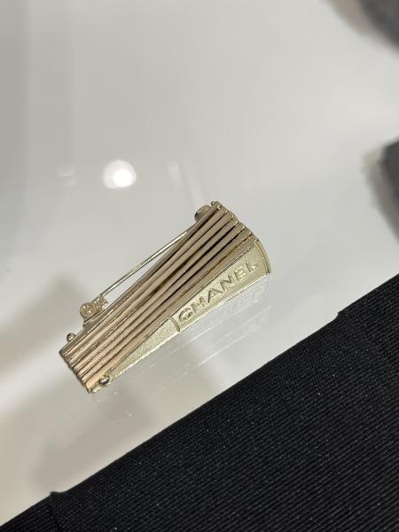 Handmade Brass Fan Brooch with Swarovsk* Diamond and Light Yellow Gold Finish - Elegant Double C Openwork Design
