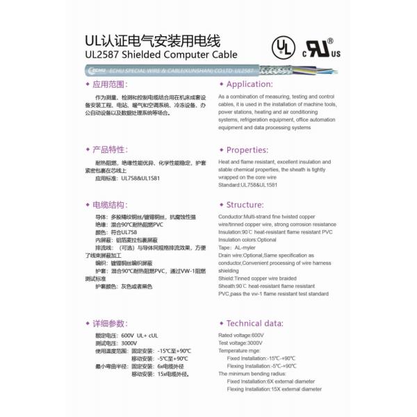 PVC Appliance Wire Multi Conductor Cable for Equipment Motor UL2587，ECHU UL2587 shield cable