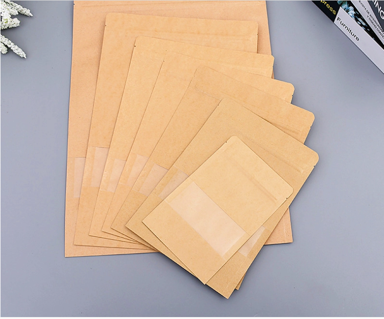 Heat Seal Kraft Paper Ziplock Stand Up Pouch With Clear Window