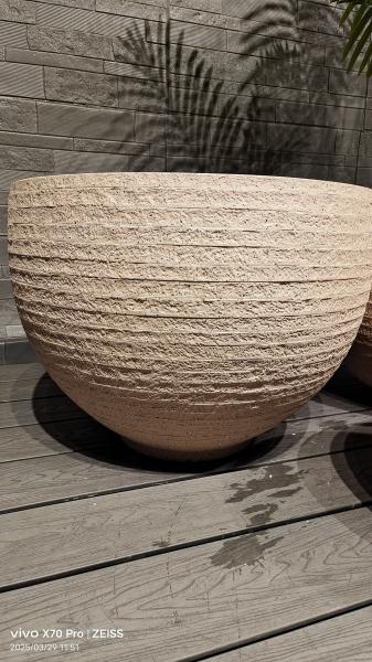 Round Fiber Clay Planter Natural Rustic Style Light Beige Striped Layered Effect