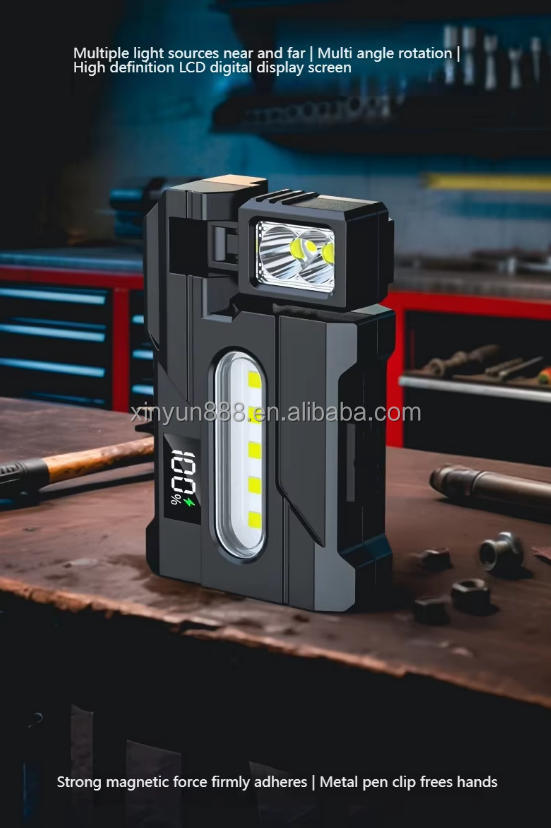 Cross-border Flashlight Work Lamp New Magnetic Work Lamp USB Charging Digital Display Multi-angle Rotatable Red and Blue Alarm
