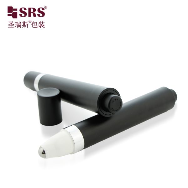 AY-15ML 15g Matte Black Eye Cream Roller Bottle Silver Trim Press Type Eye Serum Massage Pen Cosmetic Packaging With Switch Design
