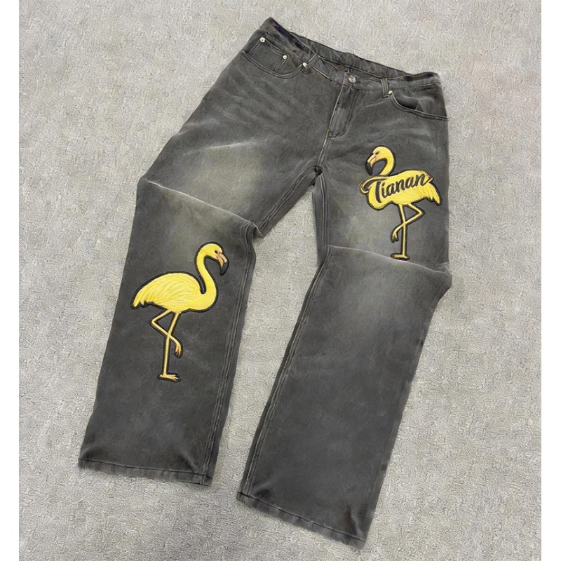 Vintage Grey Washed Flare Jeans | Yellow Flamingo Embroidery Patch Denim Pants | Unisex Y2K Streetwear Bottoms