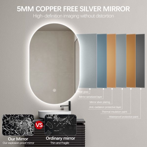 IP54 Oval LED Bathroom Mirror , Decorative Smart Acrylic Bathroom Mirror