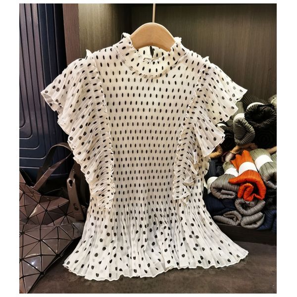 French-Style Elegant Short-Sleeve T-Shirt High-End New Summer Age-Reducing Lightweight Top Polka-Dot Print Lotus Leaf Hem Loose