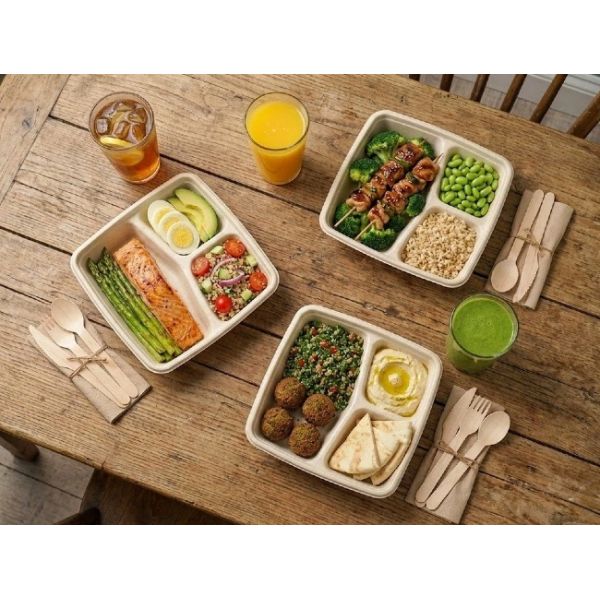 9 Inch 3 Compartment Bagasse Takeaway Box Container With Lid