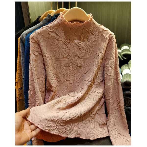 Japanese Pleated Stand Collar Long Sleeve T-shirt Top Printed Pleated Embodying Pleated Process Makes Flower Fashionable