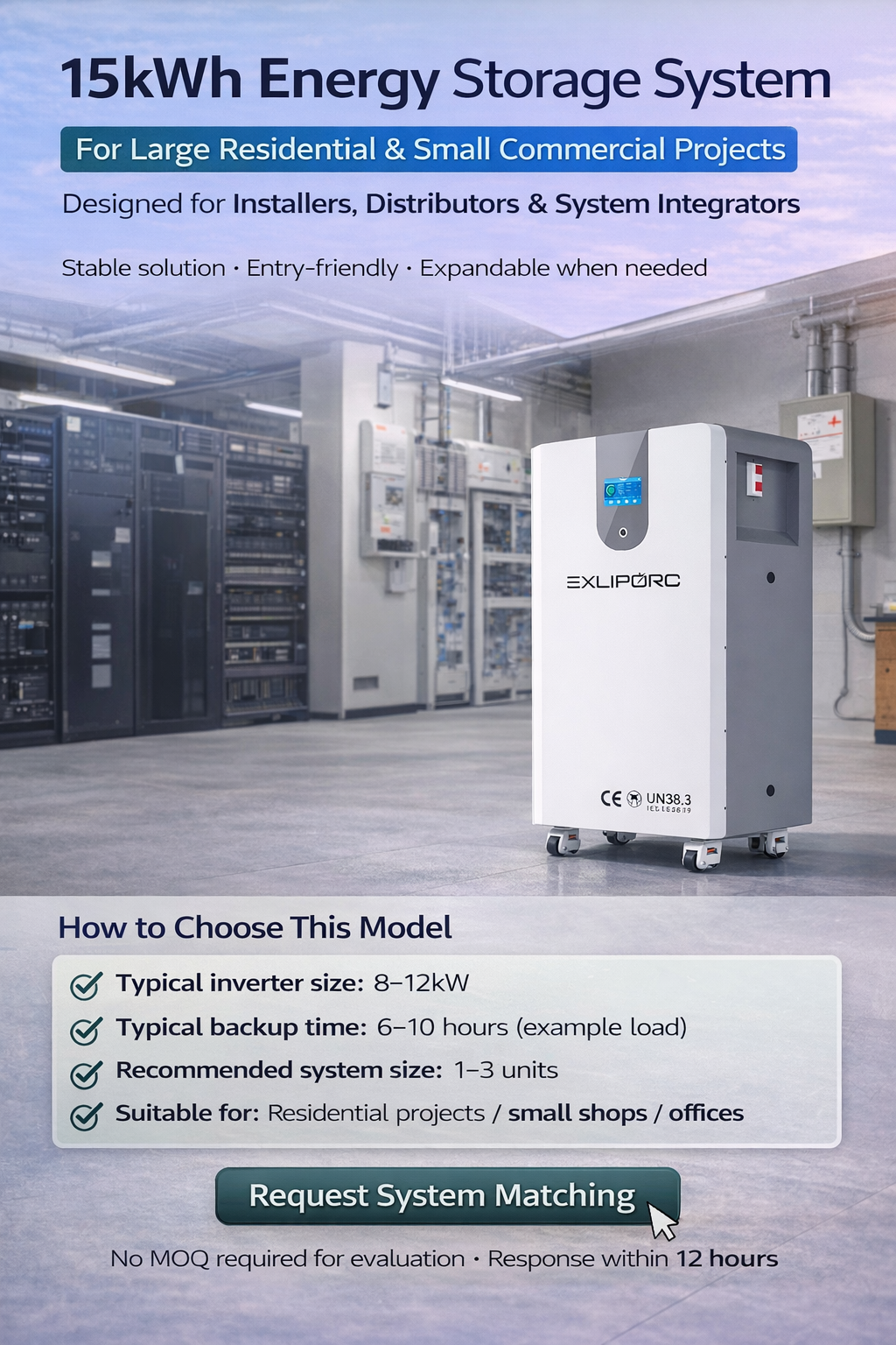 EXLIPORC Solar 15kWh Lithium Ion Battery Pack 51.2V 300Ah Lifepo4 Floor-Mounted System with 48V Voltage for Solar Power