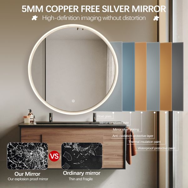Acrylic Framed Black Round Bathroom Mirror Aluminum Backing Smart Bathroom Vanity Mirrors