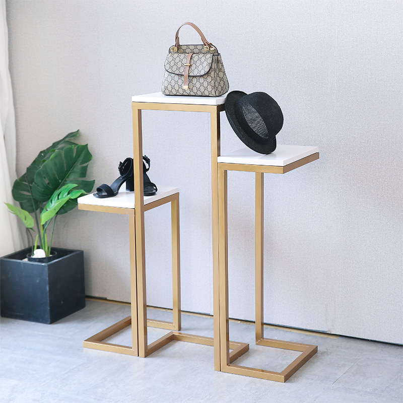 Durable Gold Metal Wood Floor Type Display Stand Marble-Design Panel Shelf Promotional Rack Clothing Shoes S/M/L Sizes 1 Pcs